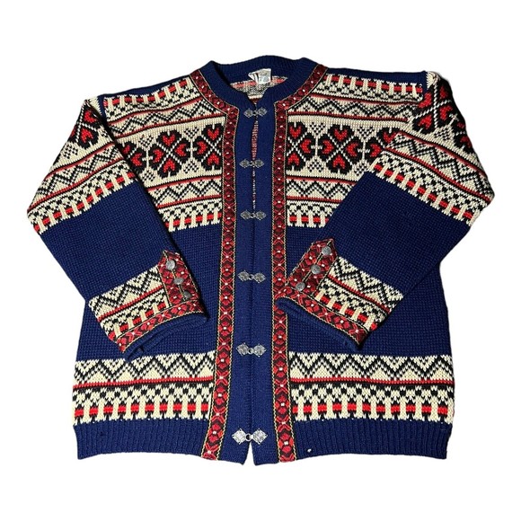 Vintage Gann Sporty Ren Ny Ull Knit Blue Cardigan Sweater Metal Hooks Women’s 50 - Picture 1 of 10